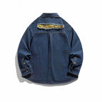 Unisex Boxy Denim Shirt Jacket with Decorative Destroy Applications and Oversized Silhouette Fashion Glam