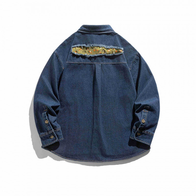 Unisex Boxy Denim Shirt Jacket with Decorative Destroy Applications and Oversized Silhouette Fashion Glam