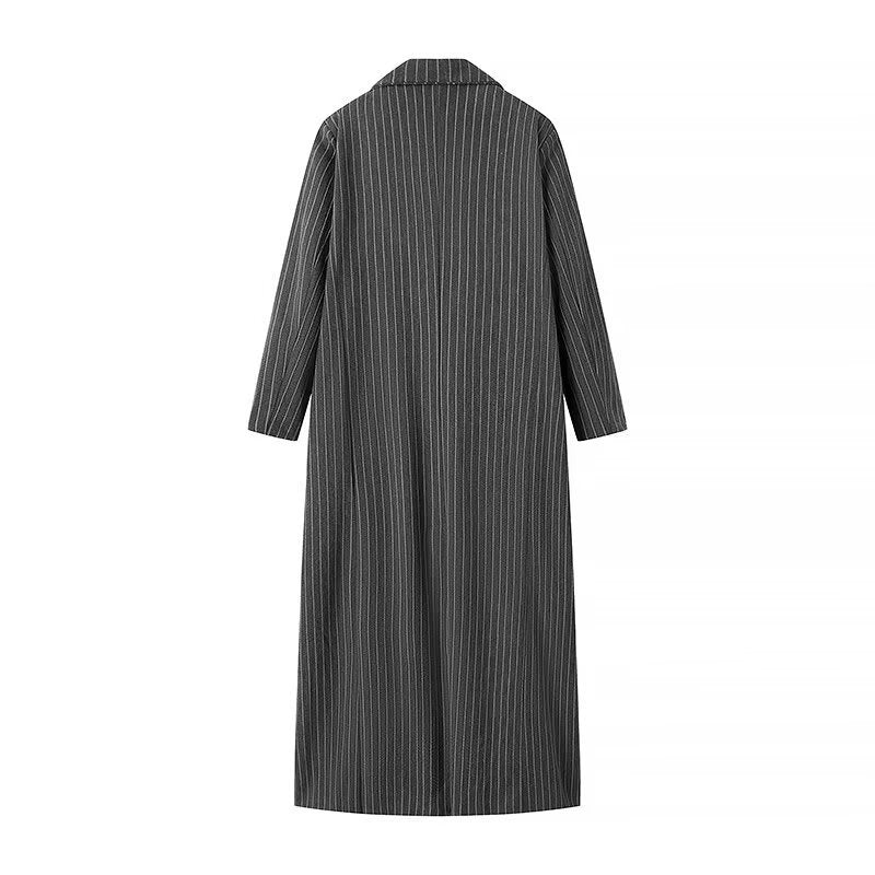 Ladies Longline Coat with Pinstripes and Double-Breasted Button Placket Fashion Glam