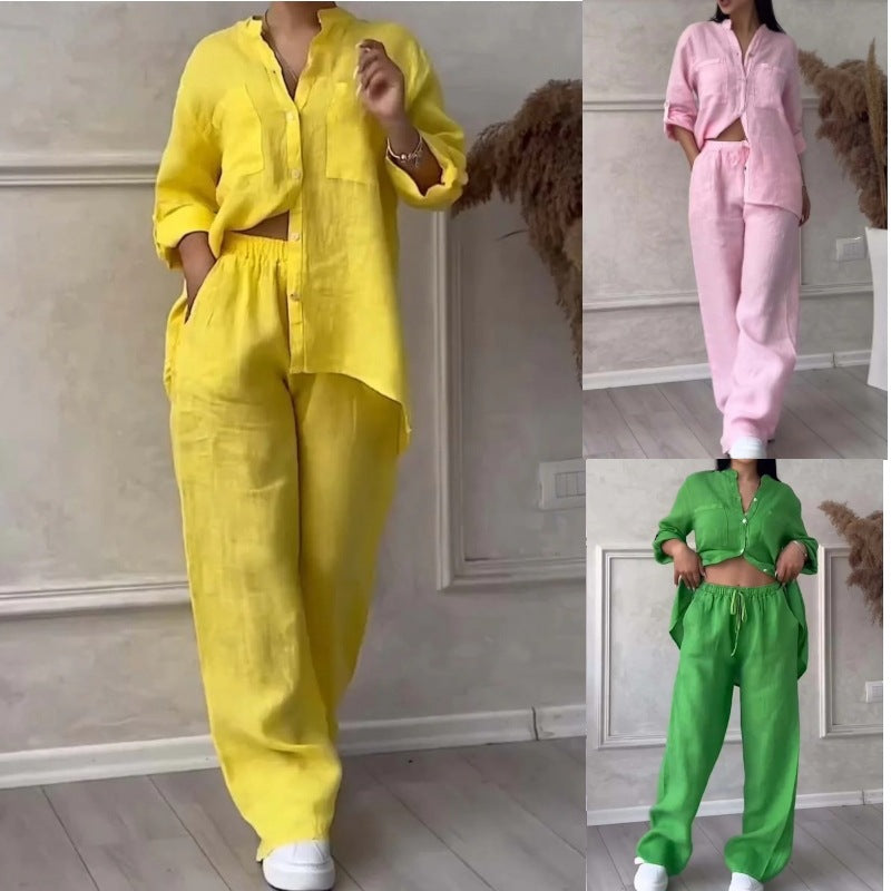 Women's Wide Linen Blend Pants with High Elastic Waistband, Drawstring and Palazzo Silhouette Fashion Glam
