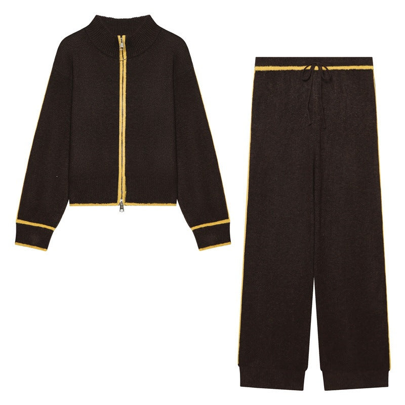 Women Two-Piece Knit Loungewear Set with Short Zip Cardigan and High Waist Palazzo Pants Fashion Glam