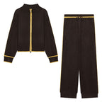 Women Two-Piece Knit Loungewear Set with Short Zip Cardigan and High Waist Palazzo Pants Fashion Glam