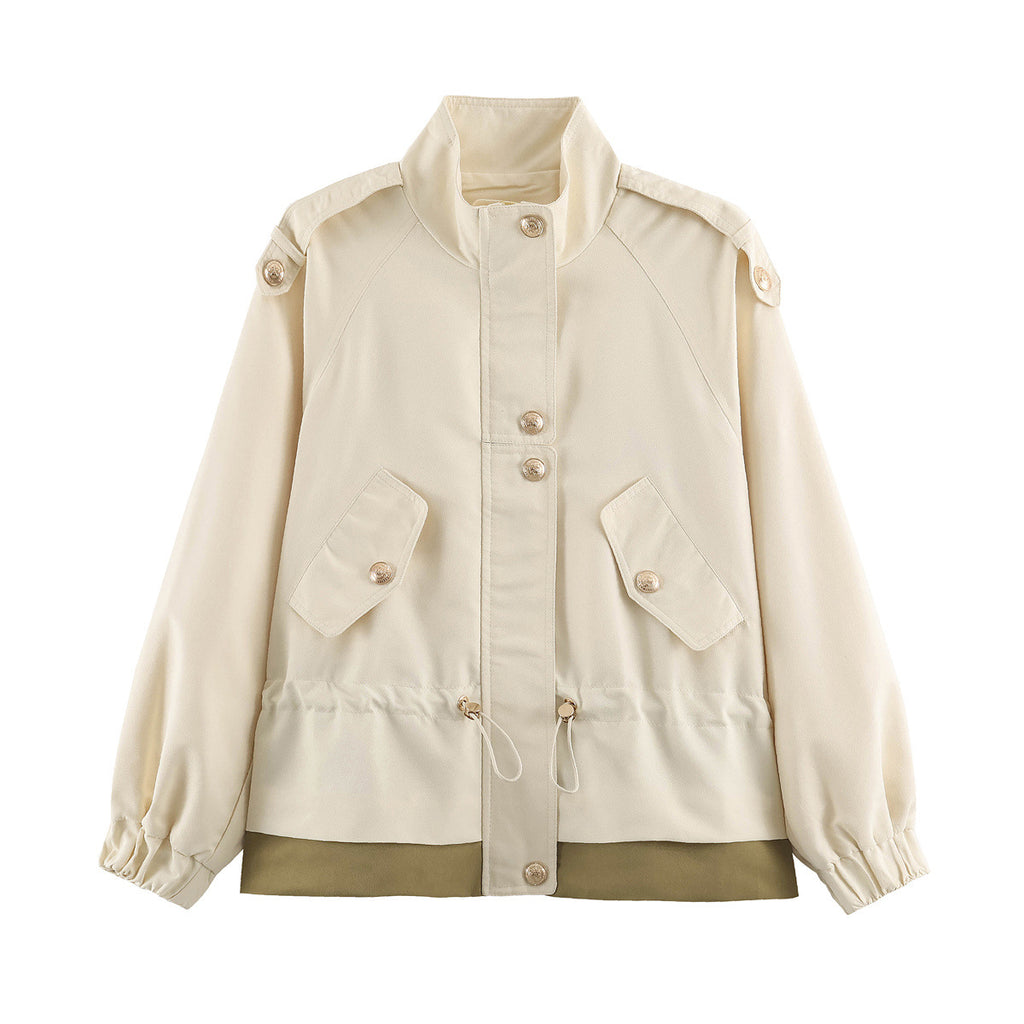 Women's lightweight utility jacket with drawstring waist gathering, stand-up collar, and flap pockets Fashion Glam
