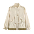Women's lightweight utility jacket with drawstring waist gathering, stand-up collar, and flap pockets Fashion Glam