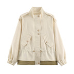 Women's lightweight utility jacket with drawstring waist gathering, stand-up collar, and flap pockets Fashion Glam