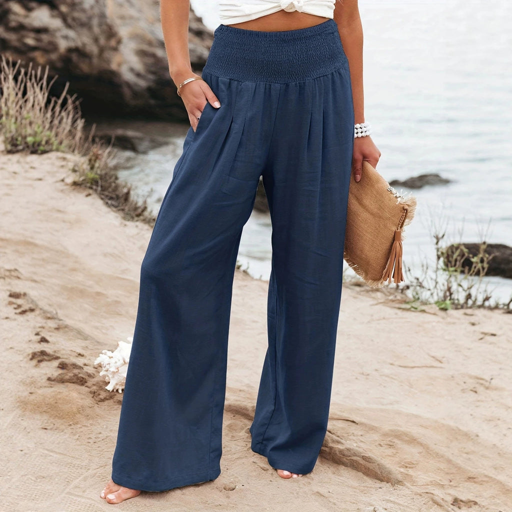 Women's Wide Linen Pants with Smocked Band and Side Pockets Fashion Glam
