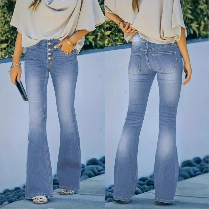 Ladies high-waisted flare jeans with decorative button placket and sculpting fit Fashion Glam