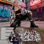 Women’s teddy trucker jacket with cow spot pattern and faux leather collar Fashion Glam