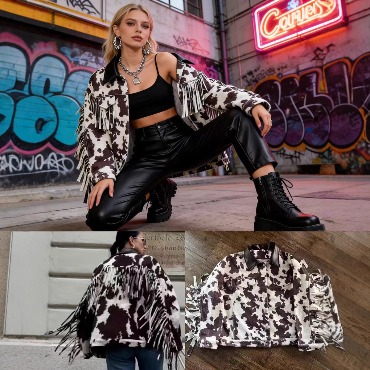 Women’s teddy trucker jacket with cow spot pattern and faux leather collar Fashion Glam