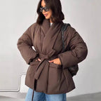 Ladies Quilted Short Jacket with Shawl Collar and Waist Belt Fashion Glam