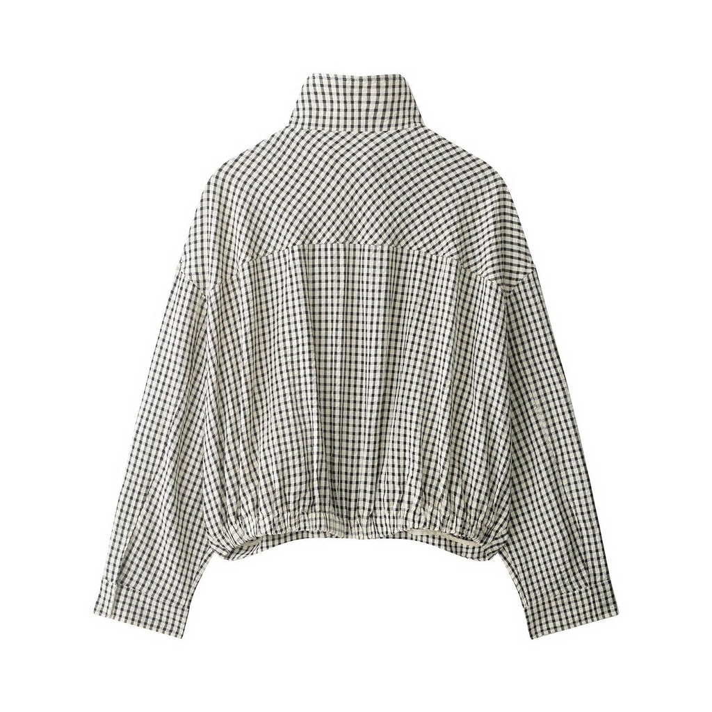 Women Checked Cropped Boxy Blouson with Stand Collar and Side Pockets Fashion Glam