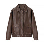 Women's Boxy Faux Leather Pilot Jacket with Flap Pockets and Elastic Hem Fashion Glam