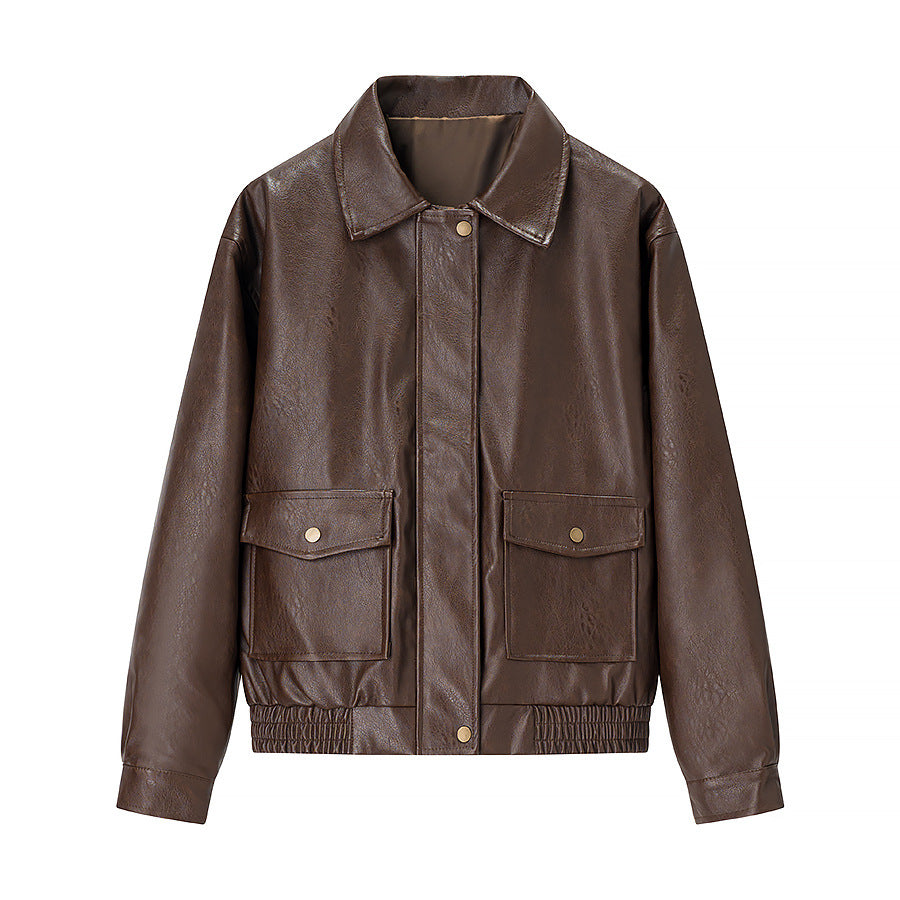 Women's Boxy Faux Leather Pilot Jacket with Flap Pockets and Elastic Hem Fashion Glam