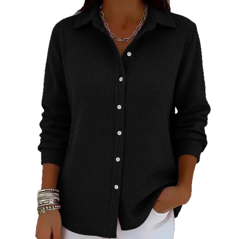 Women's Structured Shirt Blouse in Waffle Knit with Classic Collar and Continuous Button Placket Fashion Glam
