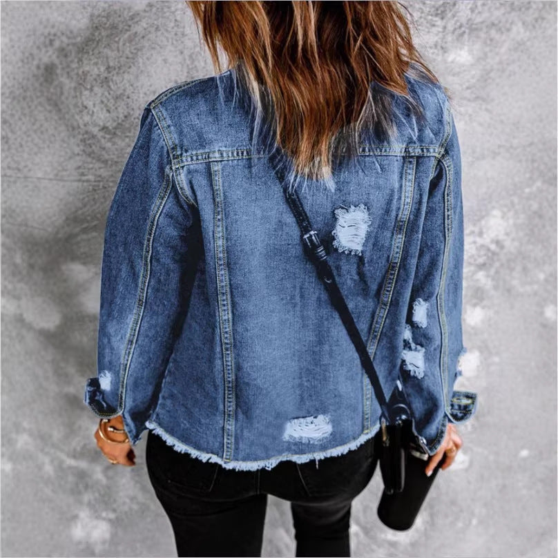 Women's denim jacket with casual destroyed sleeves and raw hem Fashion Glam