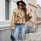 Women's Short Fitted Faux Fur Blouson with Wide Shawl Collar Fashion Glam