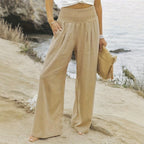 Women's Wide Linen Pants with Smocked Band and Side Pockets Fashion Glam