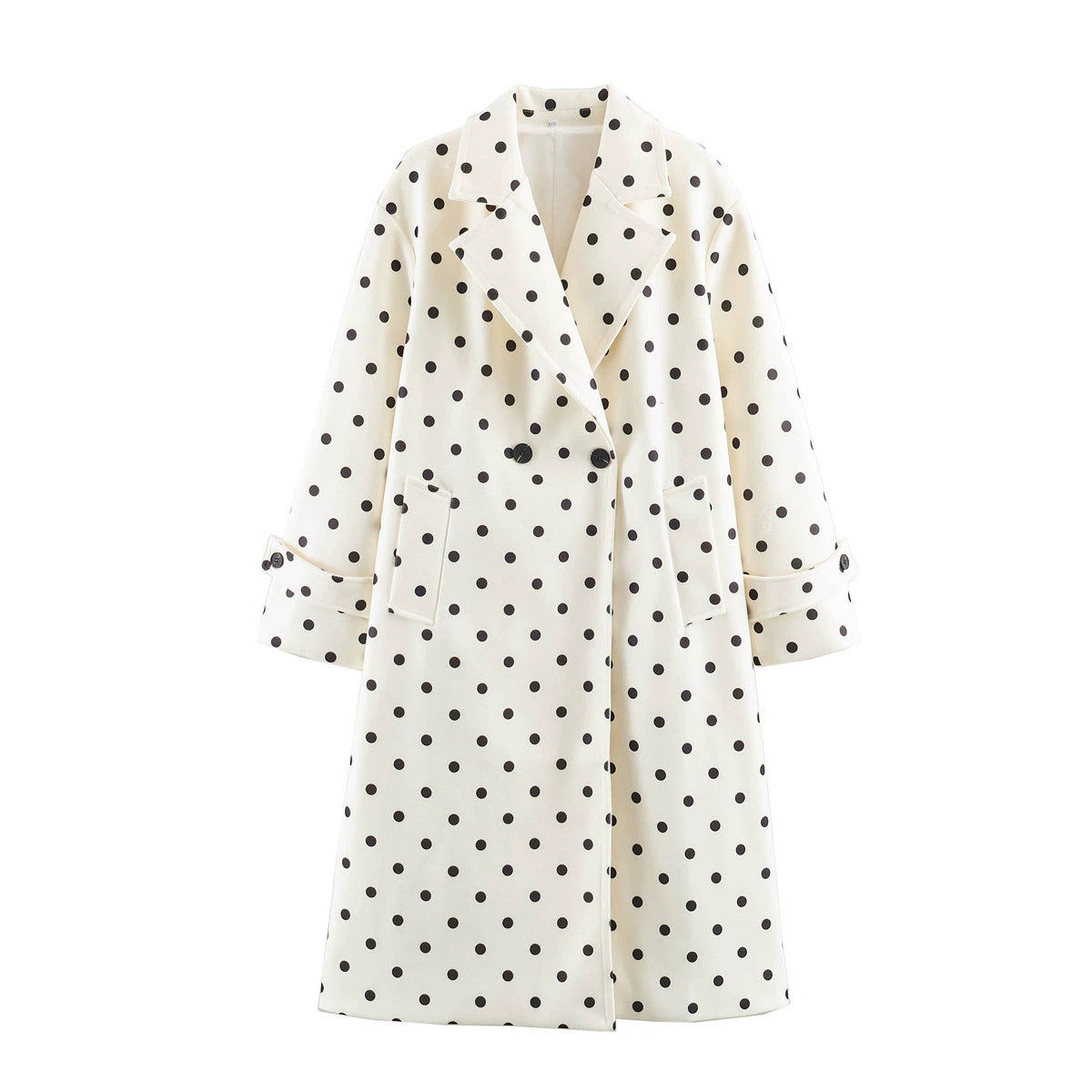 Women's midi coat in polka dot pattern with lapel collar and double-breasted button placket Fashion Glam