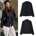 Women Tailored Mandarin Blazer with Frog Buttons and Shaping Darts Fashion Glam