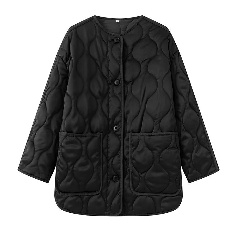 Women Longline Quilted Jacket with Round Neck, Button Placket and Patch Pockets Fashion Glam