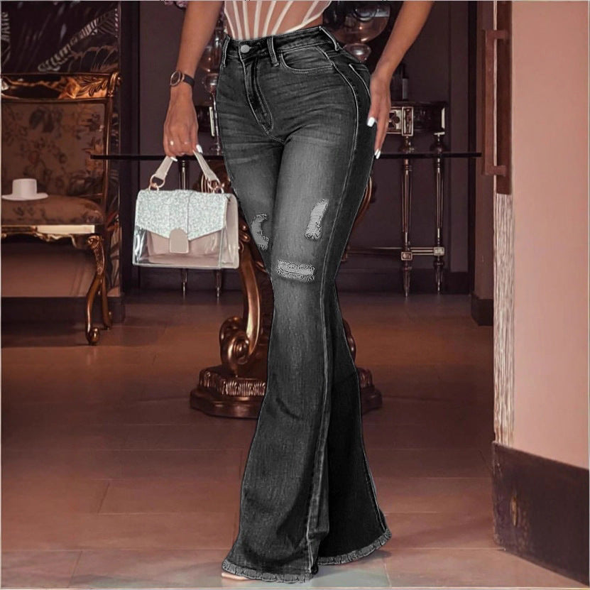 Women's High-Waisted Flared Jeans with Knee Rips, Frayed Hem and Flared Leg Fashion Glam