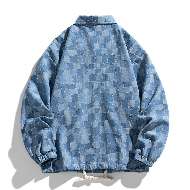 Men's oversized checkered denim jacket with snap buttons, flap pockets, and drawstring Fashion Glam
