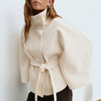 Women's Short Cape Coat with Stand-Up Collar, Oversized Sleeves and Tie Belt Fashion Glam