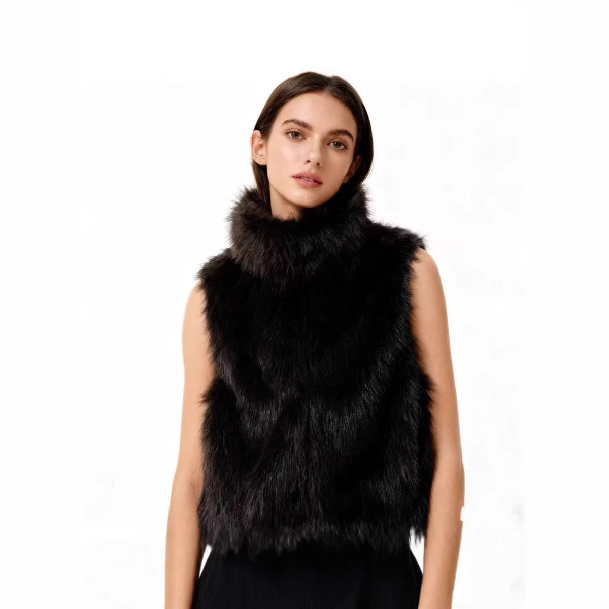 Women's Sleeveless Teddy Plush Vest with High Stand-Up Collar and Dense Long Pile Fashion Glam