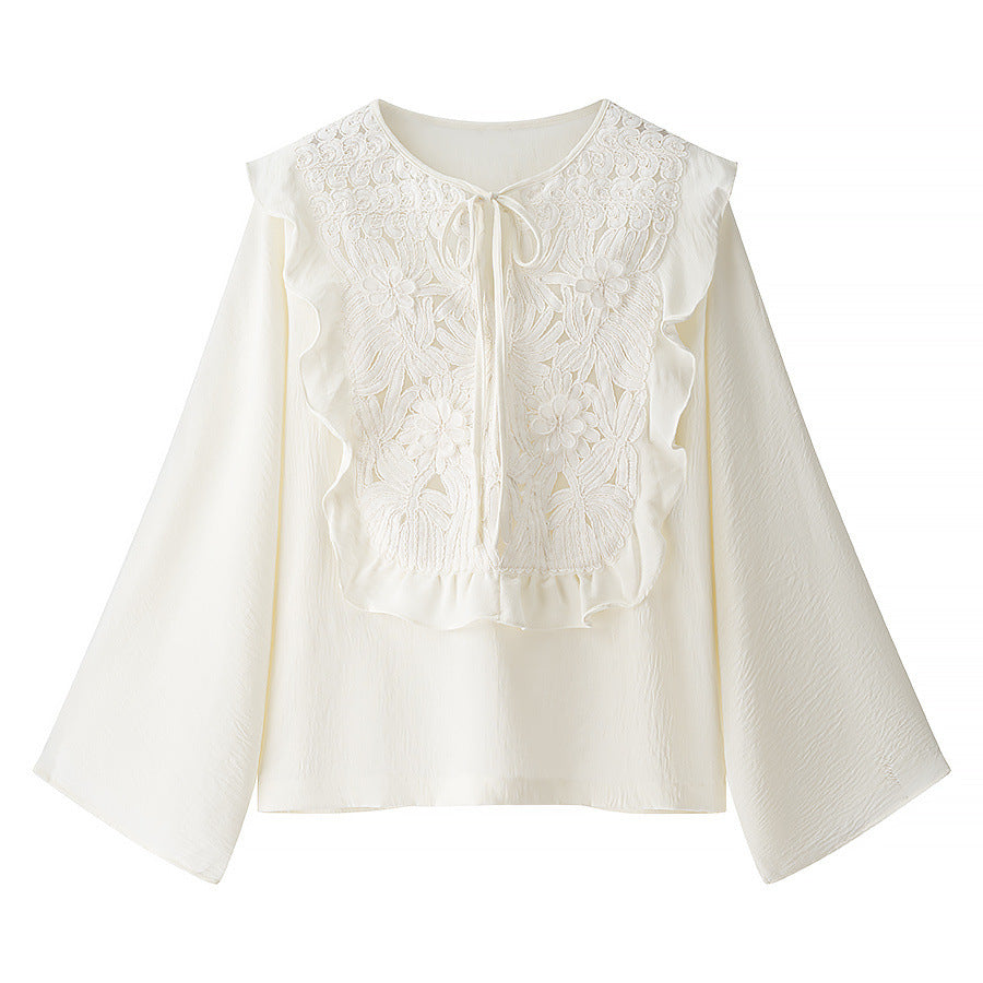 Women Romantic Blouse with Floral Embroidery, Ruffle Bib and Wide Bell Sleeves Fashion Glam