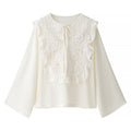 Women Romantic Blouse with Floral Embroidery, Ruffle Bib and Wide Bell Sleeves Fashion Glam