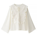 Women Romantic Blouse with Floral Embroidery, Ruffle Bib and Wide Bell Sleeves Fashion Glam