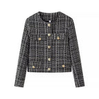 Women's Short Bouclé Tweed Jacket with Round Neckline and Decorative Buttons Fashion Glam