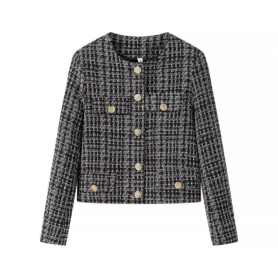 Women's Short Bouclé Tweed Jacket with Round Neckline and Decorative Buttons Fashion Glam