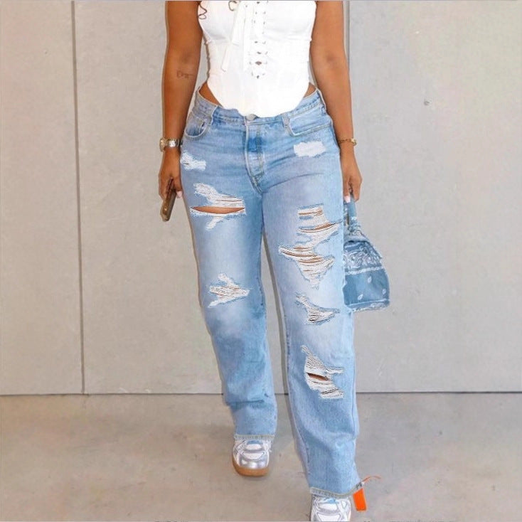 Women High-Waisted Relaxed-Fit Straight Jeans with pronounced Destroyed Details Fashion Glam