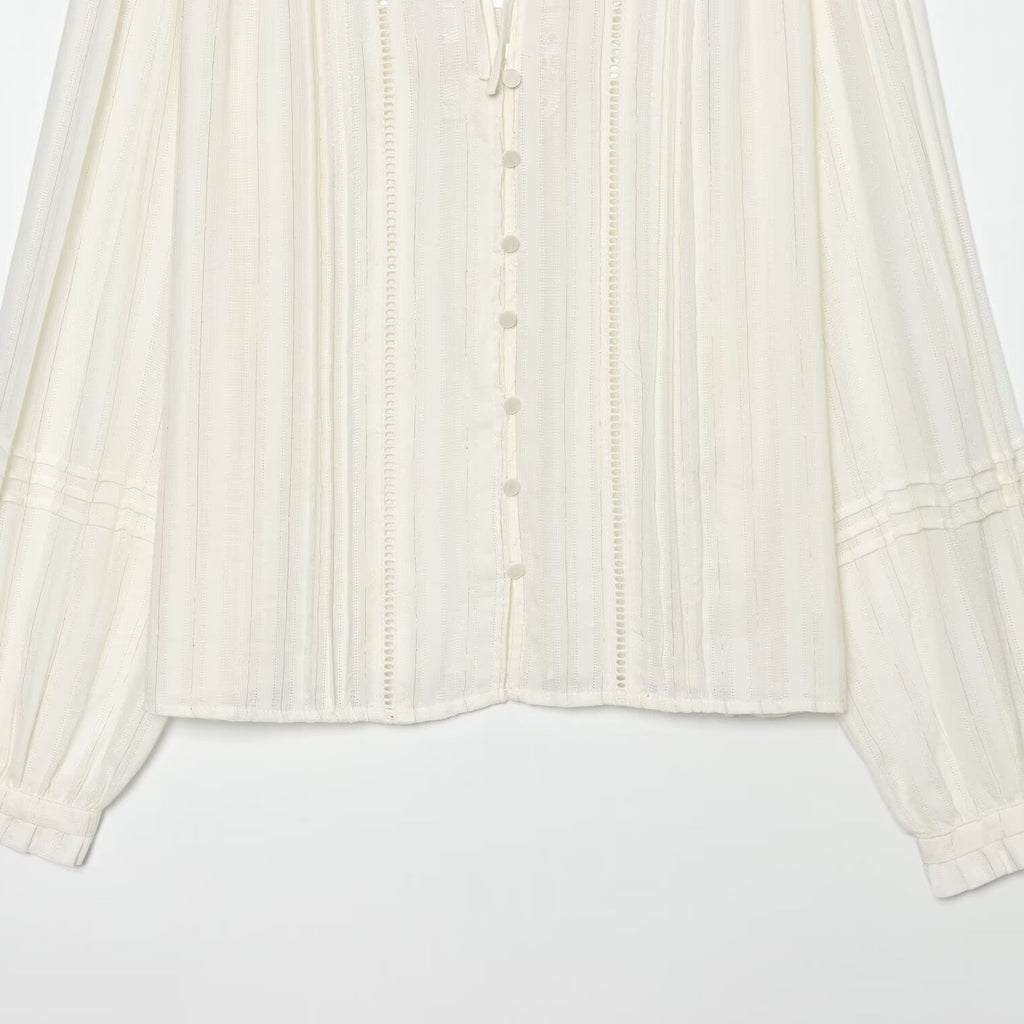 Women's Pleated Chiffon Blouse with Ruffled Collar and Tie Band Fashion Glam