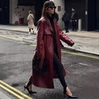 Women's Maxi Length Faux Leather Trench Coat with Wide Lapels, Back Detail, and Tie Belt Fashion Glam