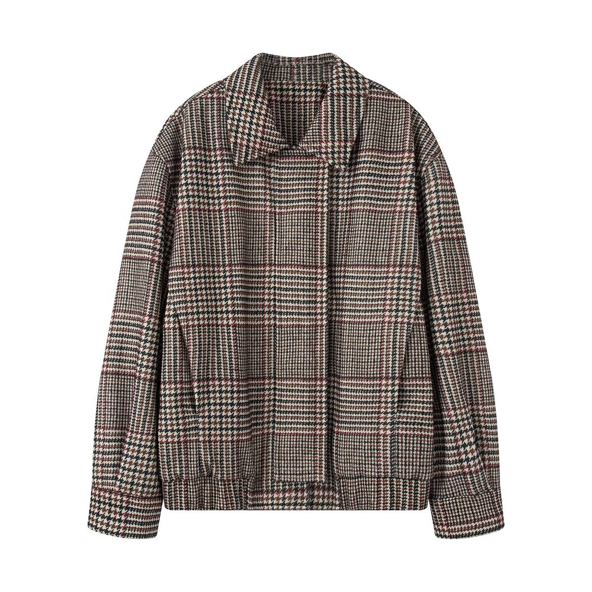 Women's Oversize Short Jacket in Houndstooth Pattern with Stand Collar and Elastic Hem Fashion Glam