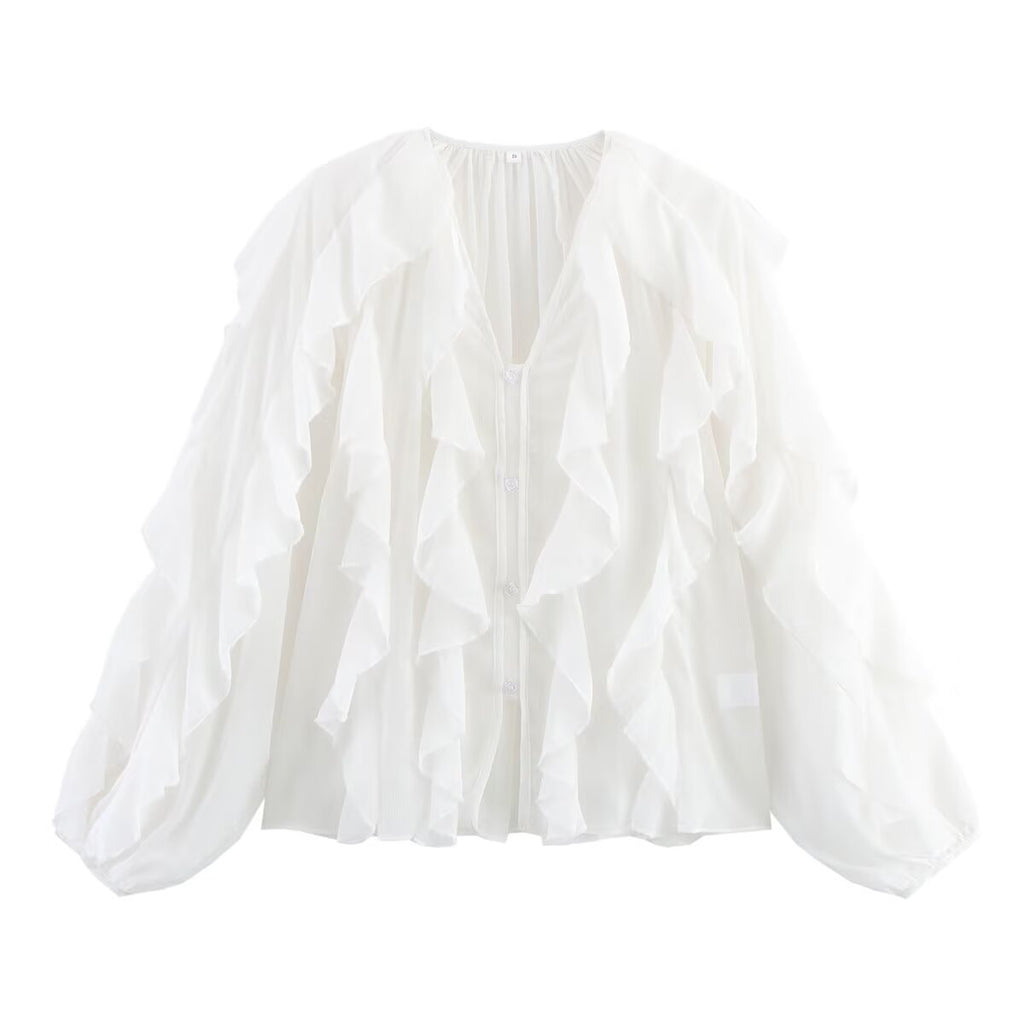 Ladies Playful Chiffon Blouse with Layered Ruffles and Button Placket Fashion Glam