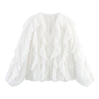 Ladies Playful Chiffon Blouse with Layered Ruffles and Button Placket Fashion Glam