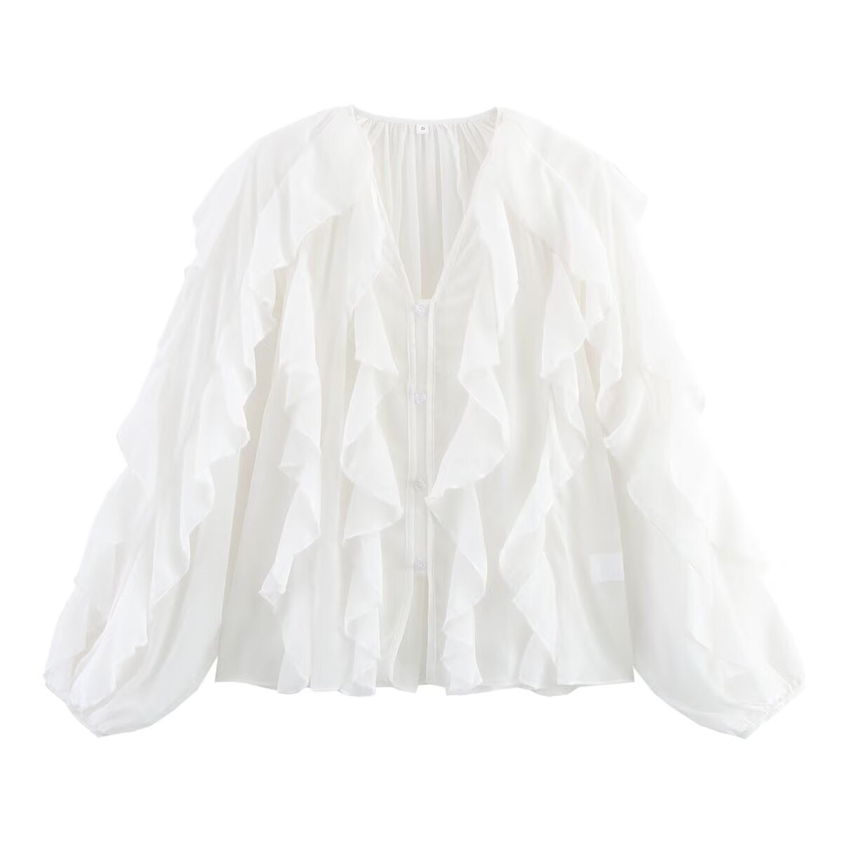 Ladies Playful Chiffon Blouse with Layered Ruffles and Button Placket Fashion Glam