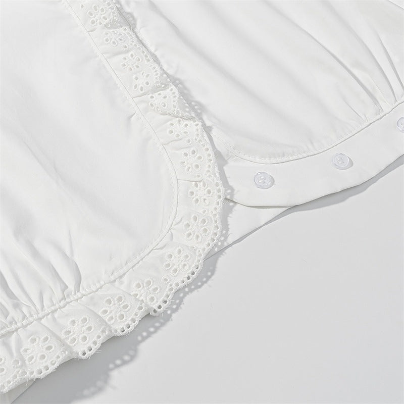 Women's Cropped Lace Bolero Blouse with Stand Collar and Eyelet Embroidery Fashion Glam