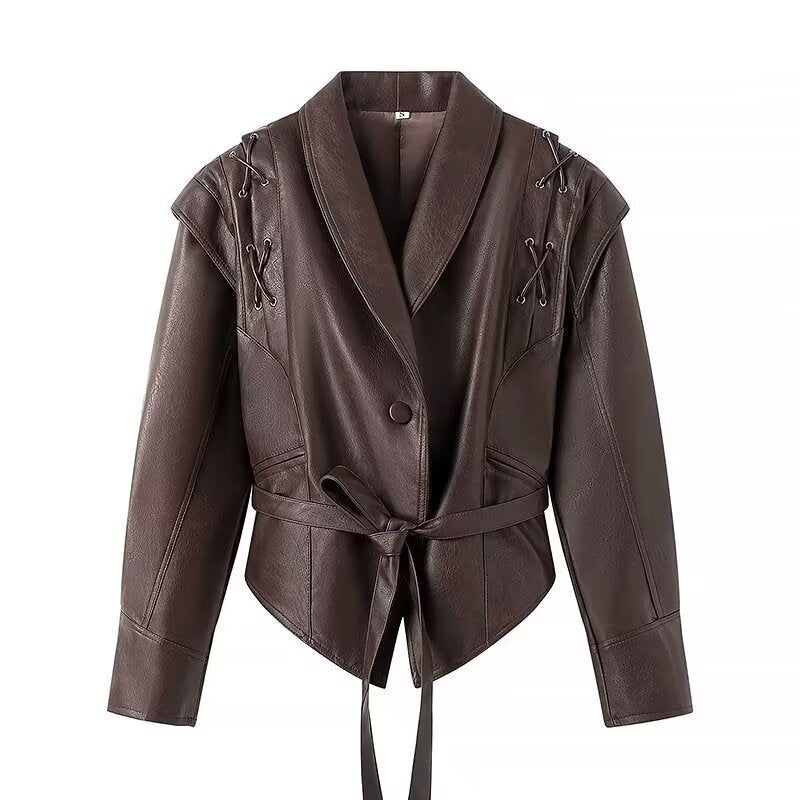 Ladies leather jacket with wrap belt, asymmetrical hem and decorative eyelets Fashion Glam