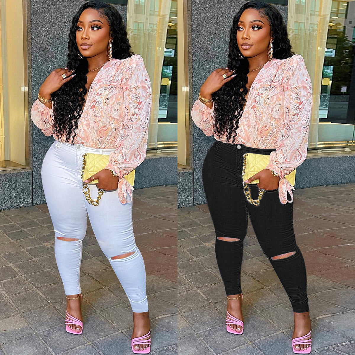 Ladies High-Waist Superstretch Skinny Jeans with Knee Slits and Figure-Shaping Cut Fashion Glam