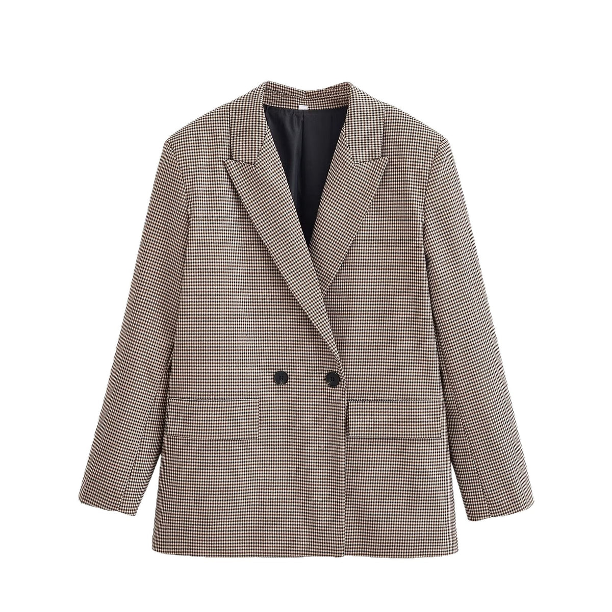 Women's Double-Breasted Oversized Blazer with Houndstooth Check and Flap Pockets Fashion Glam