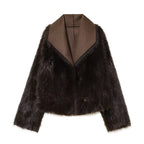 Women’s short jacket in lambskin look with voluminous fur collar and shortened sleeves Fashion Glam