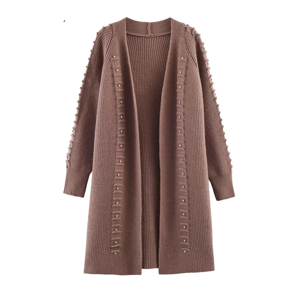 Women Longline Knit Cardigan with Pearl Trim and Ribbed Cuffs Fashion Glam