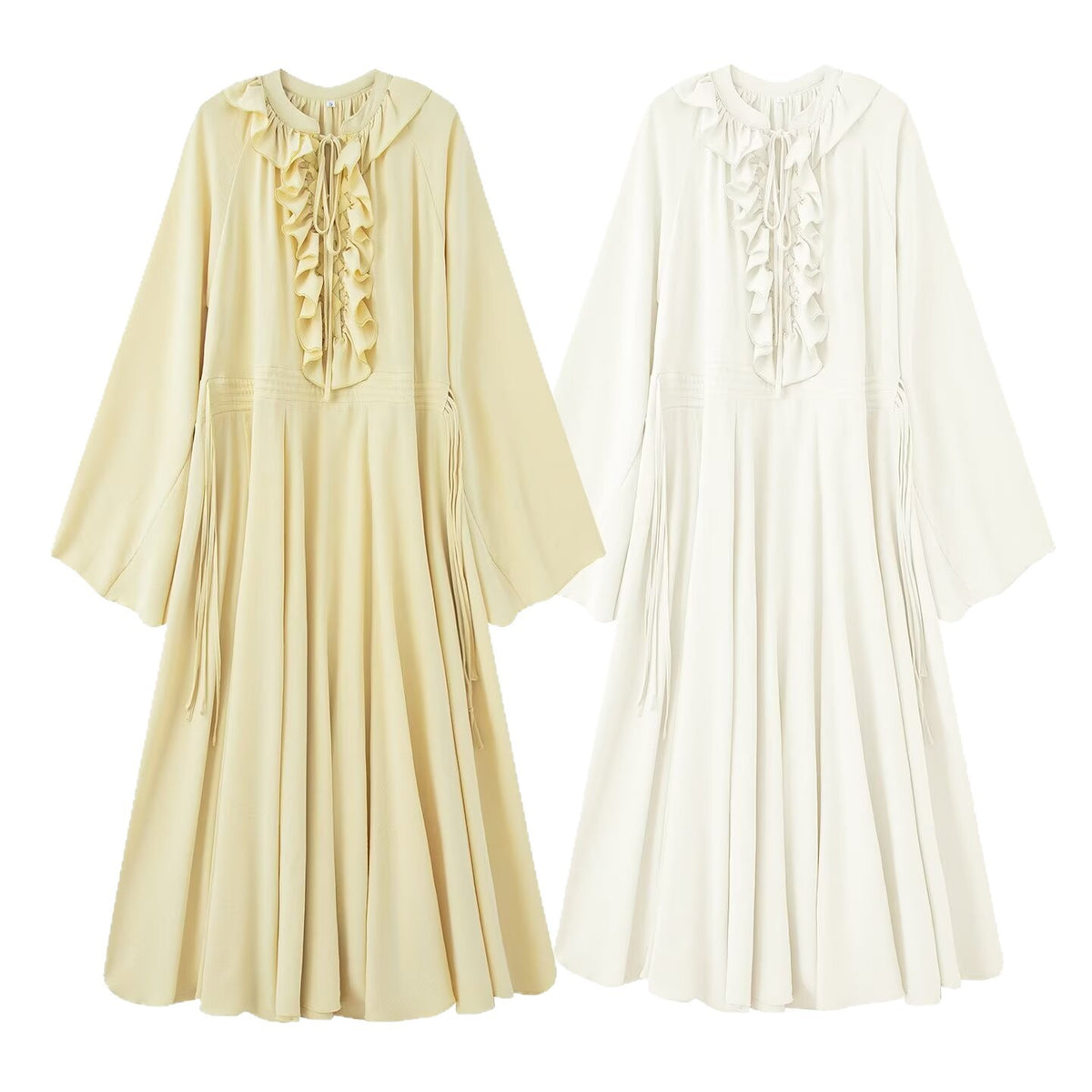 Women's maxi dress with ruffles, tie collars and wide bell sleeves Fashion Glam