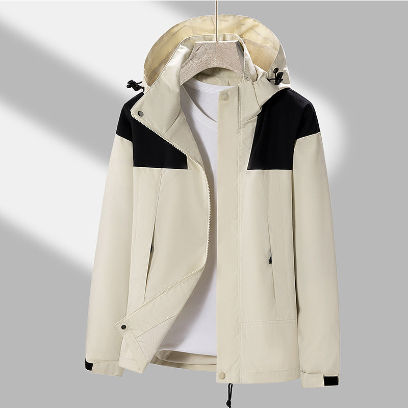 Men's lightweight water-repellent hooded transitional jacket with contrast shoulder panels and drawstring hem Fashion Glam
