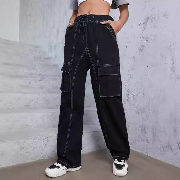 Women’s utilitarian denim cargo pants with contrast stitching and drawstring Fashion Glam