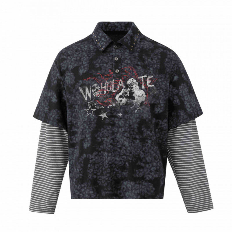 Unisex Layered Look Polo Shirt with Studded Collar, Graphic Print and Striped Sleeves Fashion Glam